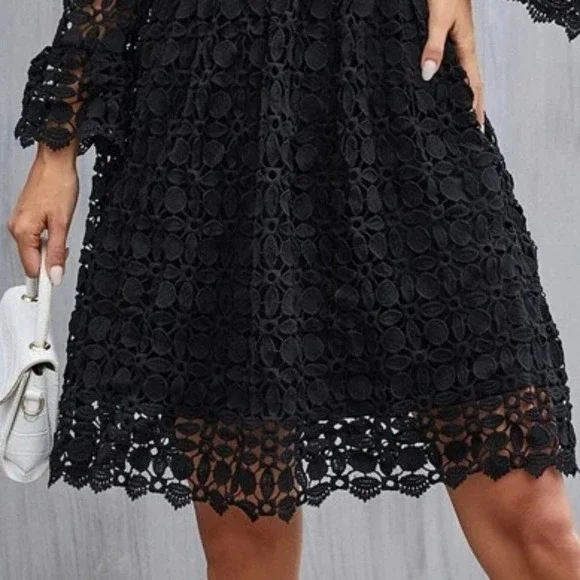 Elegant French Fit-n-Flare Cut Romantic Gupuire Lace Paneled Dress All Black - Picture 7 of 10